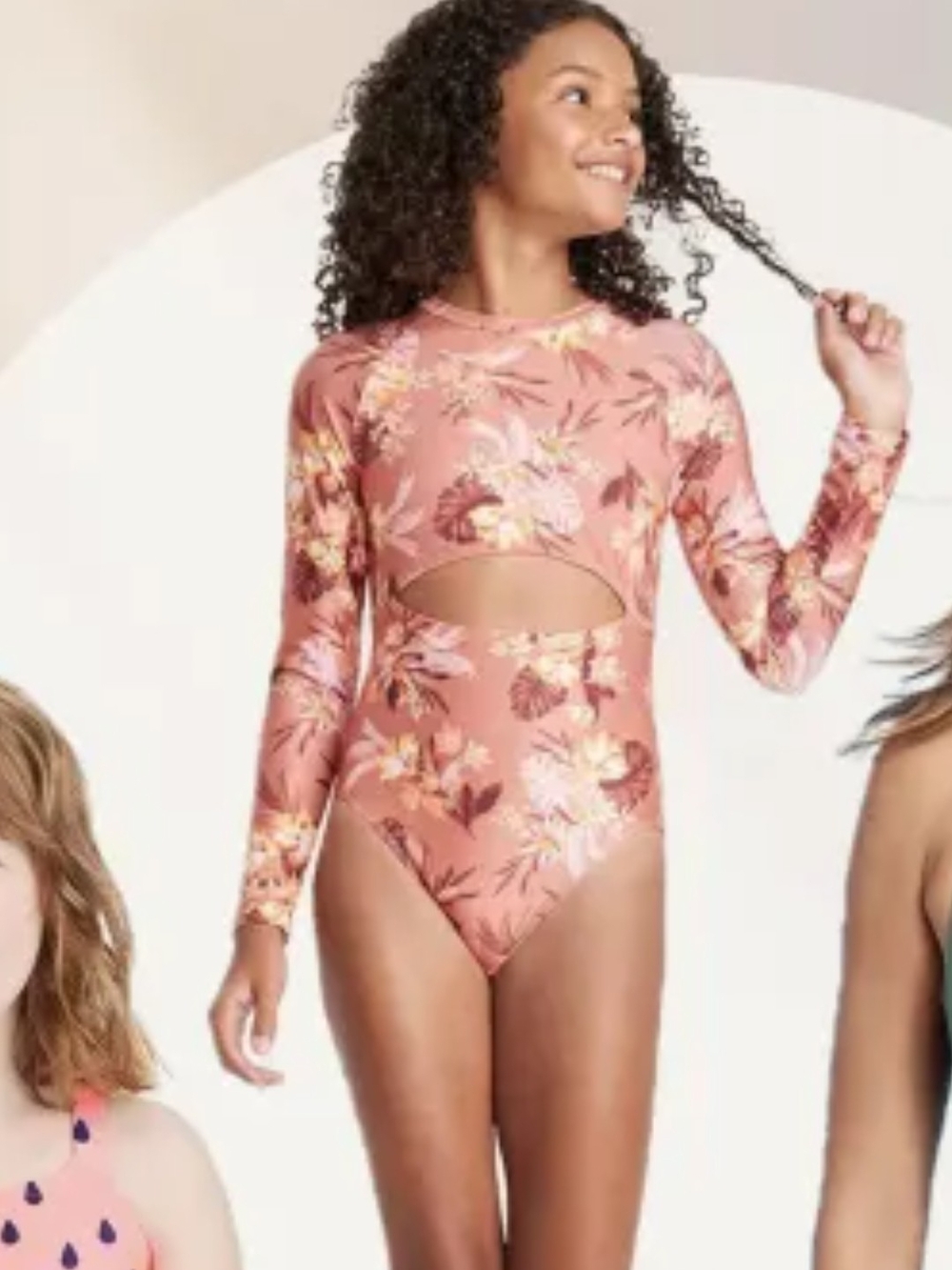 art class Girls' Pink Floral Long-Sleeve One-Piece Swimsuit